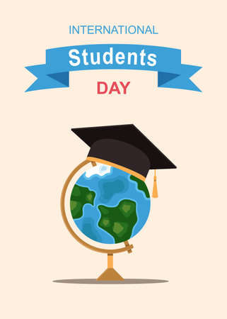 International Students Day vector banner. Vector flat globe and square academic cap. Academic and school knowledge symbol students hat. Poster for November 17 celebration. Earth sphereのイラスト素材