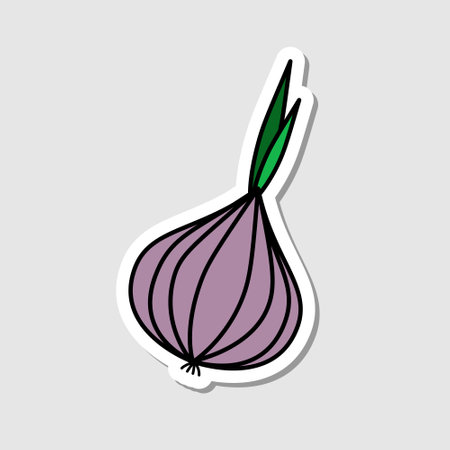 Vector garlic sticker in cartoon style. Isolated vegetable with shadow. Flat simple icon with black linesのイラスト素材