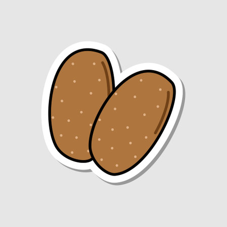 Vector potatoes sticker in cartoon style. Isolated vegetable with shadow. Flat simple icon with black linesのイラスト素材