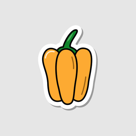 Vector sweet pepper sticker in cartoon style. Isolated vegetable with shadow. Flat simple icon with black linesのイラスト素材