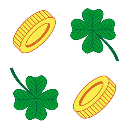 Cartoon coin and clover vector icons. Golden pictogram for game. Flat money icon. Green lucky four-leaf clover. Simple isolated elements for St. Patrick's dayのイラスト素材