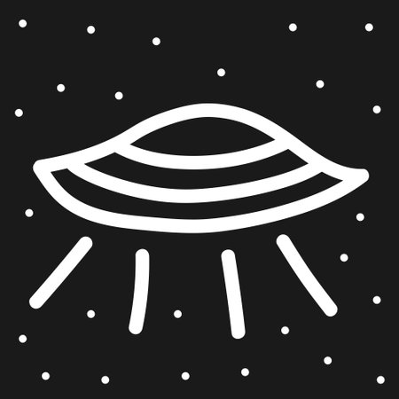 Vector doodle UFO with stars. Isolated white hand drawn space elements on th black background.のイラスト素材