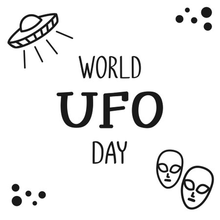 World UFO day vector banner with doodle elements on the white background. Isolated hand drawn objects for celebrating design.のイラスト素材