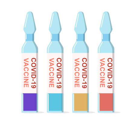 Vector coronavirus vaccine bottles. Glass ampoule with cure. Colorful liquid in the flask in flat style.のイラスト素材