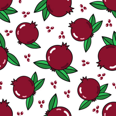 Vector pomegranate seamless pattern. Repeating fruit icon with leaves on white backgroundのイラスト素材