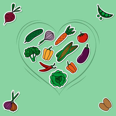 Set of vector vegetables stickers in heart frame. Collection of cartoon elements with shadows on the light background. Colorful stickers with healthy food.のイラスト素材