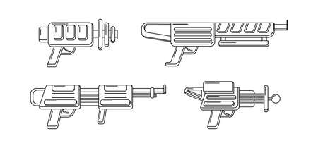 Vector line art blasters collection. Toy gun set coloring page. Futuristic weapon design. Space game gun outline icons on white background.のイラスト素材