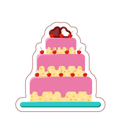 Vector Birthday Cake sticker. Big cake with cherry in a flat style with cut contour on white backgroundのイラスト素材