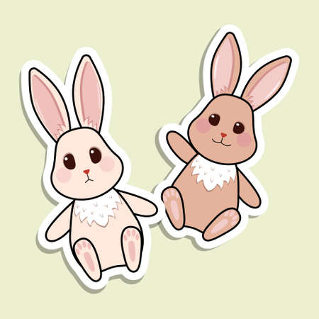 Vector bunny stickers. Two bunnies in cartoon style with black contour.のイラスト素材