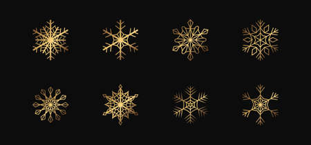 Vector golden snowflakes on the black background. Isolated outline flakes set. Gold collection for winter decorのイラスト素材