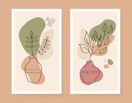 Vector floral poster in one line art style. Light modern background with copy space. Vase and leaves outline decoreのイラスト素材