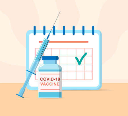 Vaccination vector concept. Calendar of vaccination. Syringe with liquid, glass bottle with vaccine. The cure against of corona. Schedule of vaccination.のイラスト素材