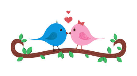 Cartoon cute birds on branch. Spring vector illustration in flat style. Vlentine's day symbolsのイラスト素材