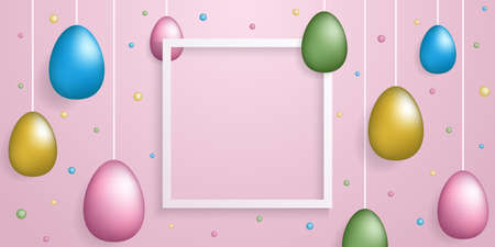 Easter banner with 3D eggs and white frame and colorful bubbles on pink backgroundのイラスト素材