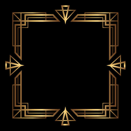 Vector gold frame on the black background. Isolated Art Deco square border with empty spaceのイラスト素材