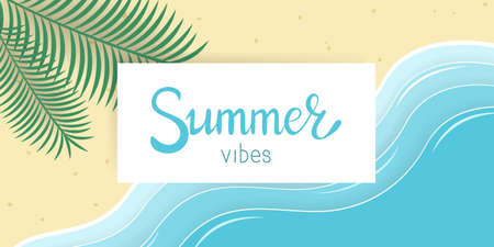Summer vibes vector banner with paper cut effect. palm leaves and seashore background