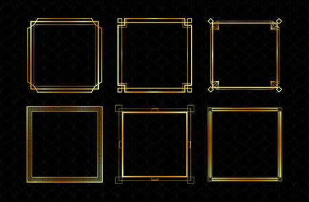 Set of vector gold frames. Art Deco square frames collection on dark backgroundのイラスト素材