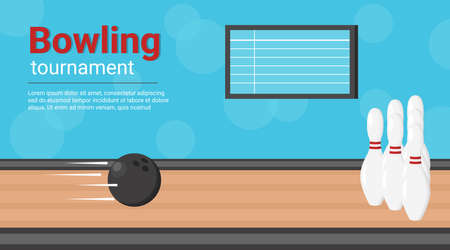 Bowling tournament vector banner. Horizontal poster with ball and pins on bowling alleyのイラスト素材