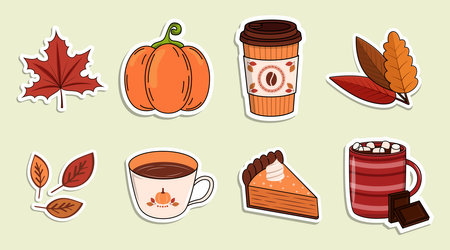Autumn vector sticker collection. Hot coffee and tea, pumpkin pie and chocolate. colorful leaves setのイラスト素材