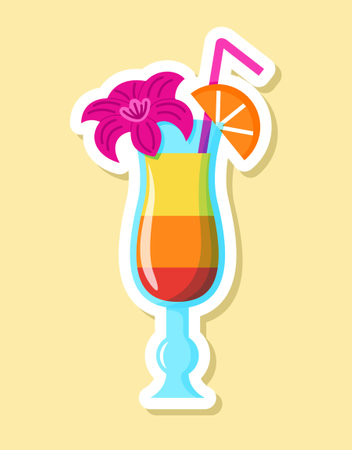 Vector cocktail sticker in cartoon style. Isolated multicolored drink in glass with pink flowerのイラスト素材