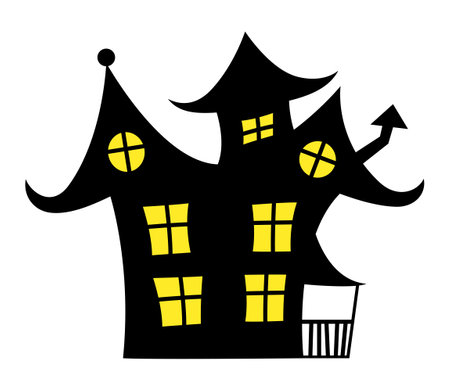 Vector Haunted House simple illustration. Black groovy house with yellow light in windows.のイラスト素材