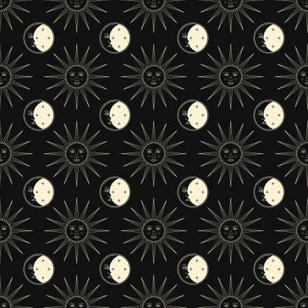 Celestial vector seamless pattern with linear Sun and Crescent. Esoteric endless print on dark backgroundのイラスト素材