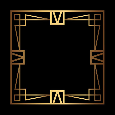 Art Deco Gold Square vector frame on black background. Isolated metal border with empty spaceのイラスト素材