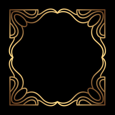 Art Deco Gold Square vector frame on black background. Isolated metal border with empty spaceのイラスト素材