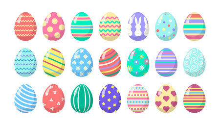 Cartoon fancy Easter Eggs collection in pastel colors. Isolated vector eggs with different patternsのイラスト素材