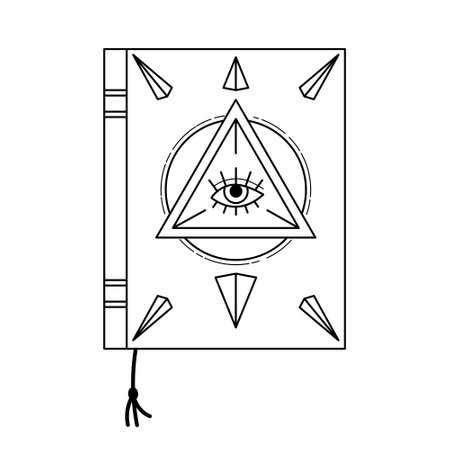 Linear magic book cover vector illustration. Isolated outline mystic spells book on white backgroundのイラスト素材