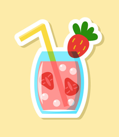 Vector strawberry cocktail with ice sticker in cartoon style. Isolated red drink in the glassのイラスト素材