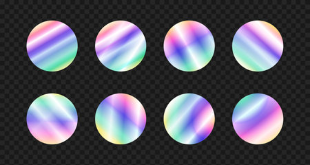 Holographic sticker template. Vector circle hologram labels with different shining gradient. Metal foil swatches on blackの写真素材