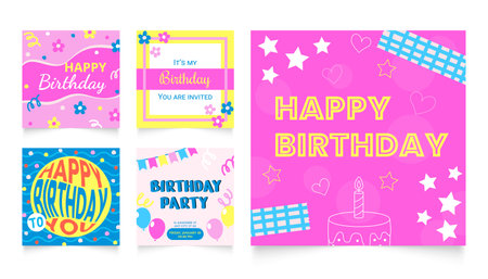 Happy birthday instagram post templates. Isolated vector social media cards collection in 90's styleのイラスト素材