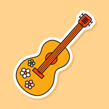 Vector Hippie Guitar sticker isolated on yellow background. 70s style cartoon music instrument with flower pattern on itのイラスト素材