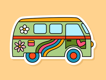 Vector Retro Hippie Van sticker isolated on yellow background. 70s style cartoon camper with rainbow and flowers and white contourのイラスト素材