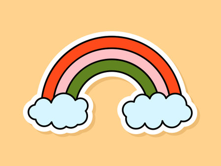 Vector Retro Rainbow with Clouds sticker isolated on yellow background. 70s style cartoon simple weather symbolのイラスト素材