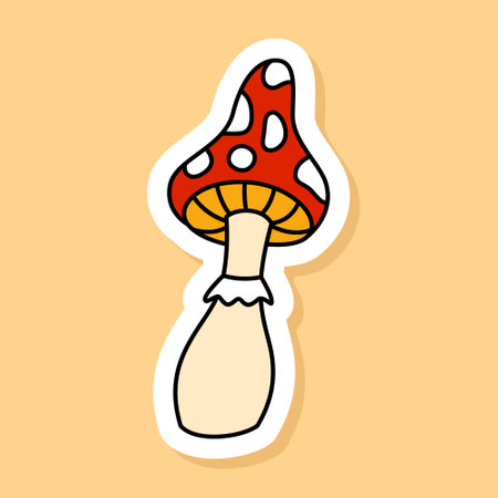 Vector retro fly agaric sticker isolated on yellow background. 70s style cartoon iconのイラスト素材
