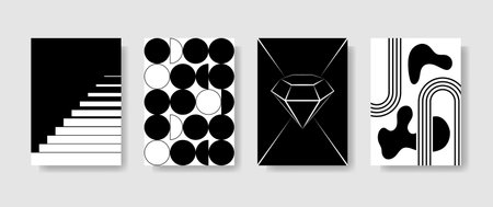 Abstract vector brutal black and white posters with lines and spots. Set of simple Bauhaus colorless banners on grayのイラスト素材
