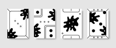 Abstract vector black and white posters with lines, spots and dots. Set of simple colorless Bauhaus design banners on gray backgroundのイラスト素材