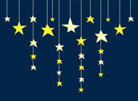 Hand drawn vector stars garland in contrast colours. Doodle sky background with yellow stars on navy blueのイラスト素材