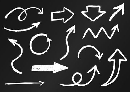 Vector chalk hand drawn arrows collection on black background. Chalkboard with white doodle drawsのイラスト素材