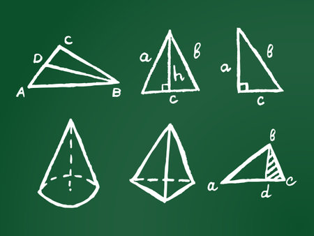Chalk triangle formulas on green chalkboard. Hand drawn vector geometric illustrationのイラスト素材
