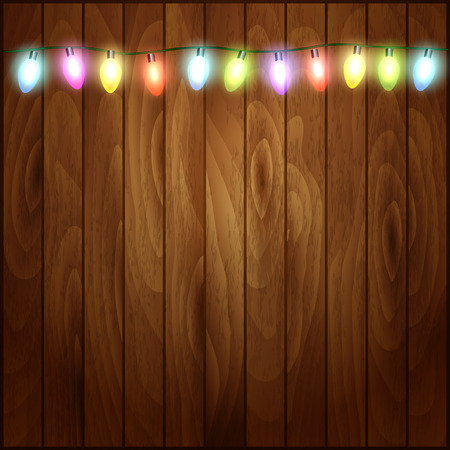 Christmas background with Christmas lights  wood texture. Vector illustrationのイラスト素材