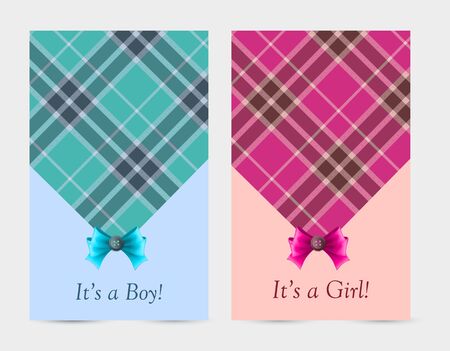 Invitation baby pink and blue cards with bow, tartan, button. Greeting cards with the birth of a baby boy and a baby girlのイラスト素材