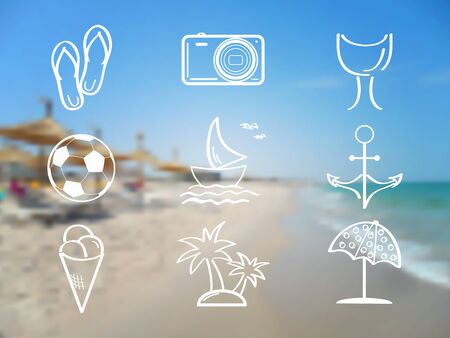 Summer and travel icon set on abstract blurred sea background. Travel design. Logo. Vector illustration.のイラスト素材