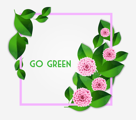 Fresh spring background with green leaves and pink dahlia. Vintage greeting card. Vector illustration.のイラスト素材