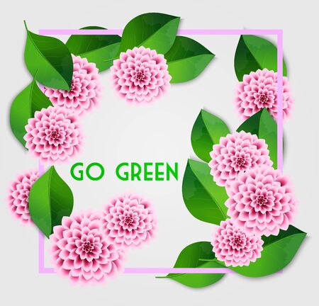 Fresh spring background with green leaves and pink dahlia. Vintage greeting card. Vector illustration.のイラスト素材
