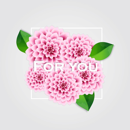 Fresh spring background with green leaves and pink dahlia. Vintage greeting card. Vector illustration.のイラスト素材
