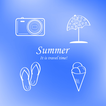 Summer and travel icon set on abstract blurred blue background.のイラスト素材