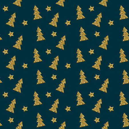 Seamless pattern of gold Christmas tree on blue background. Elegant pattern for Christmas or New year background, festive banner, card, invitation, postcard. Vector illustration.のイラスト素材